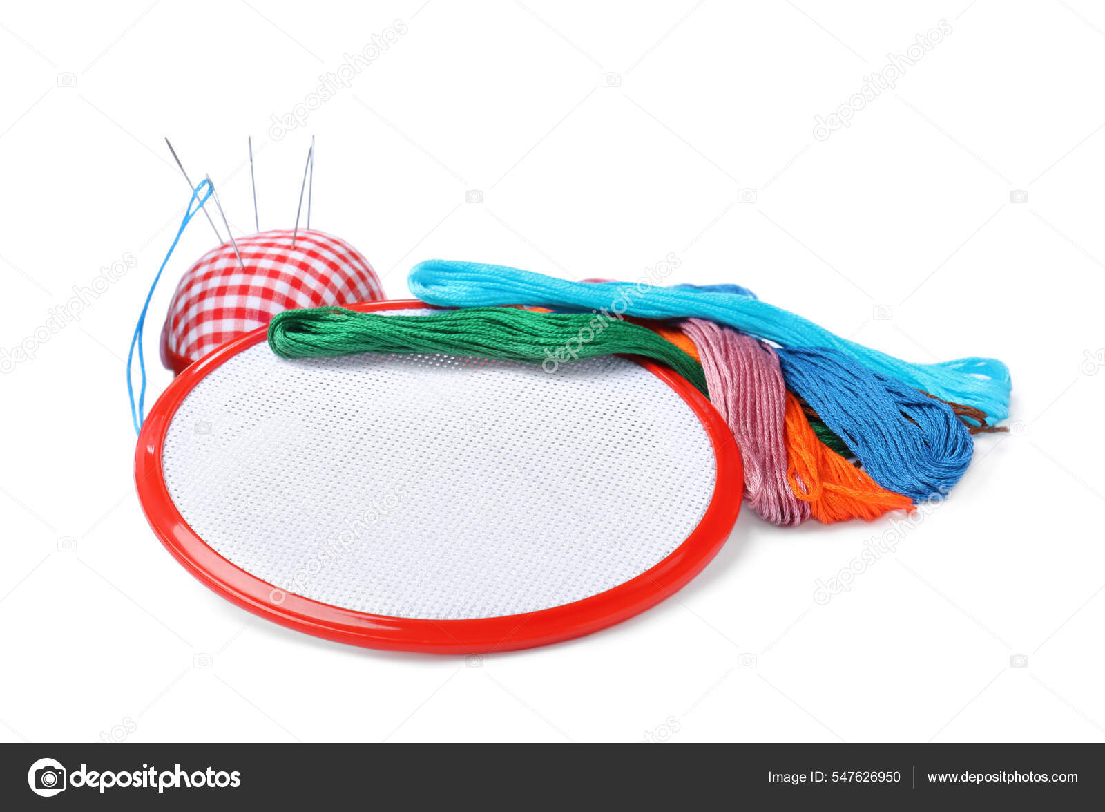 Colorful Threads Different Embroidery Accessories White Background
